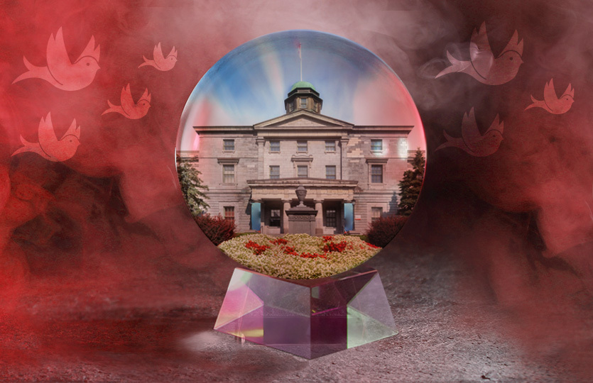 A crystal ball with the McGill Arts building inside of it