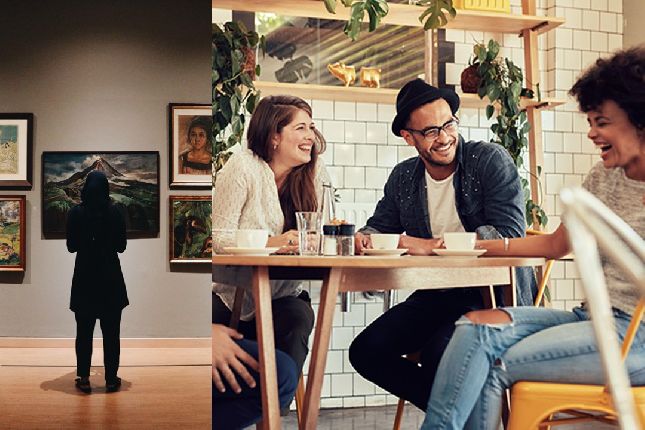 Two images, a woman looking up at a display of paintings in a museum and a group of friends sitting and laughing at a cafe
