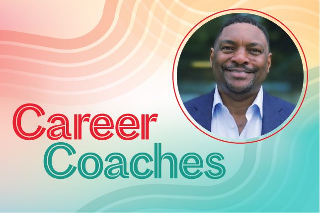 Colorful graphic reading ''Career Coaches'' with a circular photo of a person in a dark jacket on the right side