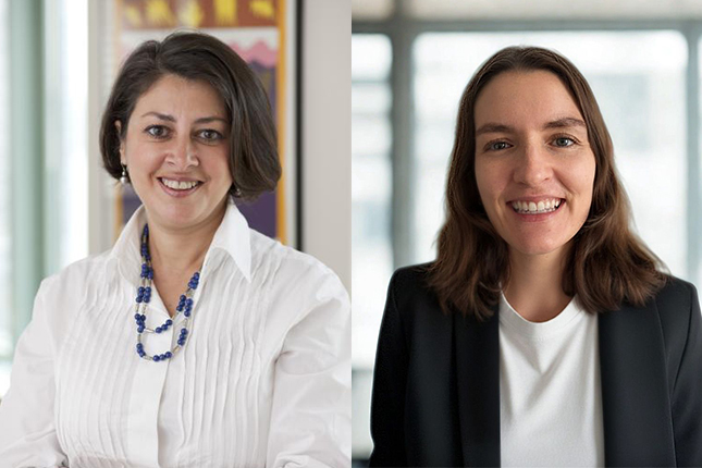 Two professional headshots side by side, each showing a woman against an indoor background
