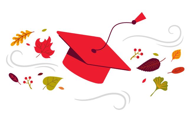 Graduation cap surrounded by colorful autumn leaves and decorative swirls.
