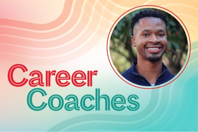 Career Coaches graphic with circular headshot and abstract background.