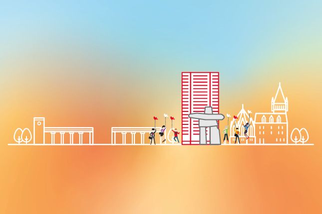Illustrated skyline with McGill landmarks and people gathered at a learning fair against a warm gradient background.
